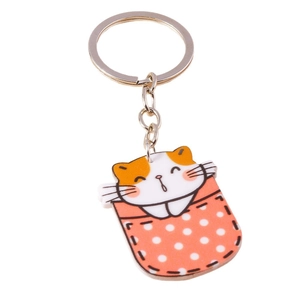 Porte-clés mignon en acrylique chat de dessin animé dans une poche à pois et anneau