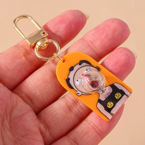 Creative cartoon character keychain with 3D bubble dome and gold metal D-ring clasp