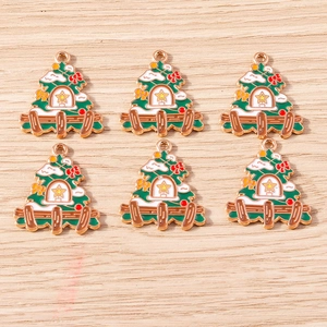 Set of 6 Christmas tree house charms with fence and snow for DIY jewelry making
