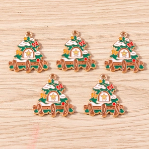 Five-piece Christmas tree enamel pendants with festive snow and gold trim for DIY jewelry