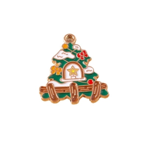 Green enamel Christmas tree pendant with snow details and red bow for DIY jewelry making