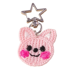 Mignon porte-clés chat tricoté rose avec attache étoile argentée pour sacs et clés