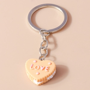 Porte-clés créatif biscuit en forme de cœur 3D avec texte LOVE rose et anneau en métal
