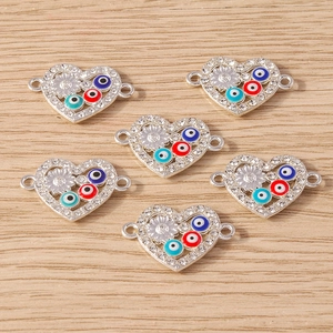 Set of heart-shaped evil eye pendant connectors with rhinestones for DIY jewelry making