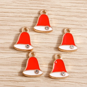 Set of 5 red enamel Christmas hat pendants with gold plating and sparkling crystal detail