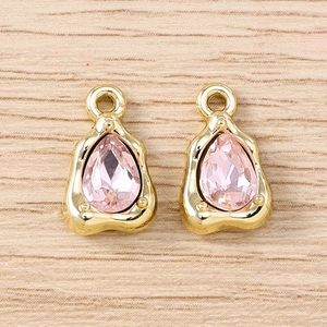 Pair of teardrop-shaped pink crystal pendants with gold metal frames for DIY jewelry making