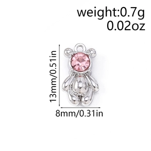Silver bear charm pendant with pink gemstone and dimensions of 13mm by 8mm