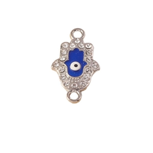 Double-loop Hamsa hand charm connector with blue evil eye and sparkling rhinestones