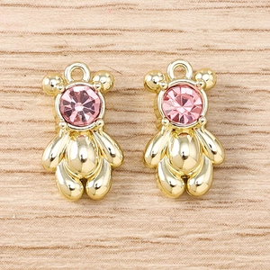 Golden bear charm pendants with pink round crystals for DIY jewelry making