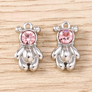 DIY bear animal pendants with pink crystal stones for necklaces and bracelets set of 5