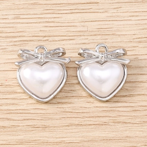 Lot de 5 pendentifs perles en cœur avec nœuds argentés pour création de bijoux