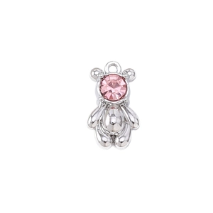 Polished silver bear pendant with pink sparkling gemstone for DIY jewelry making