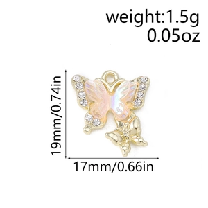 Detail view of rhinestone butterfly charm with dimensions 19mm by 17mm and weight 1.5g