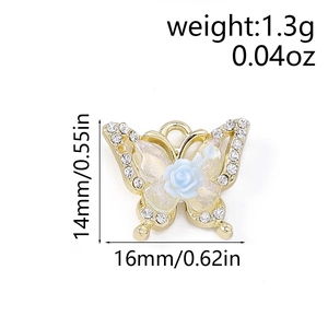 Detailed view of 16mm gold rhinestone butterfly pendant with dimensions and weight