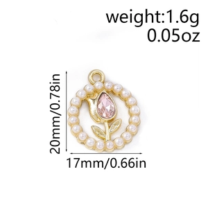 Detailed size specifications for pink tulip pendant with pearls and rhinestones