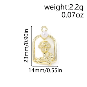Detailed gold rose flower pendant with white pearl and precise dimension markings