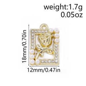Detailed view of rectangle gold tulip pendant with pearls and rhinestones 18x12mm