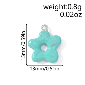 Detailed view of light blue resin flower pendant showing 15mm size measurements
