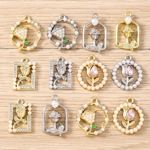 DIY Flower Charms Alloy Rhinestone Artificial Pearl Tulip Rose Pendants For Jewelry Making Bracelet Necklace Earrings Accessories