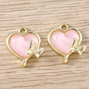 Pendentifs cœur rose avec papillon doré et éclat œil de chat pour bijoux DIY