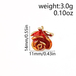 Detailed view of red rose pendant with gold plating showing dimensions 11mm by 14mm