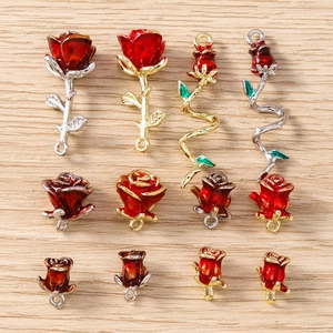 Romantic Alloy Rose Flower Pendants Charms With Red Enamel For DIY Necklace Bracelet Earring Jewelry Making Women Gift