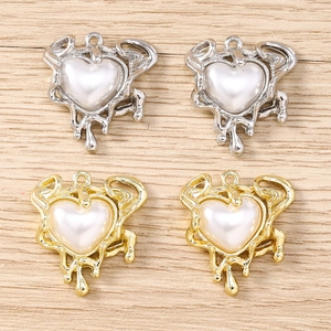 Irregular Liquid Metal Heart Pendant With Imitation Artificial Pearl For DIY Necklace Bracelet Jewelry Making Accessory Gold Silver