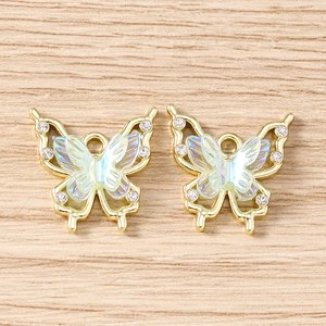 Macro detail of rhinestone butterfly pendant with iridescent wings for DIY jewelry making