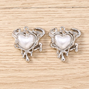 Silver liquid lava heart charms with pearl center for DIY jewelry making and crafts