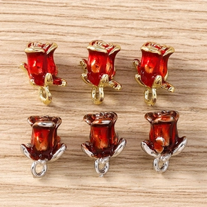 Set of 6 romantic rose flower pendants in red and gold enamel for DIY jewelry making