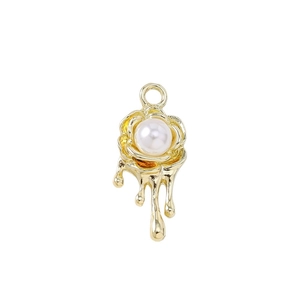 Y2K liquid rose flower pendant with pearl, golden metal charm for DIY jewelry making