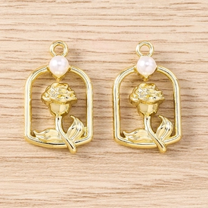 Detail of flower charm with golden arch, rose design, and white faux pearl for jewelry