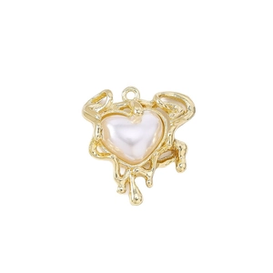 Lava gold framed cream pearl heart pendant with irregular liquid metal edge for jewelry
