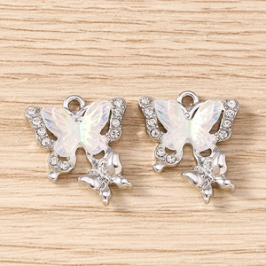 Macro detail of rhinestone butterfly pendant with iridescent center for jewelry making