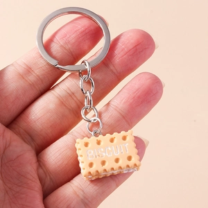Handheld realistic square biscuit keychain with resin pendant and silver metal ring