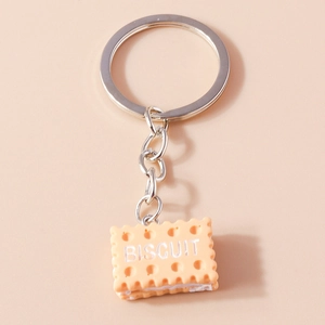 Realistic square biscuit keychain with resin sandwich design and silver metal ring