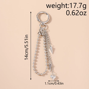 Silver punk keychain with heart charms, beads, and spikes including size and weight specs