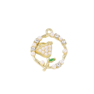 Golden flower pendant with white pearls and rhinestones for jewelry making charms