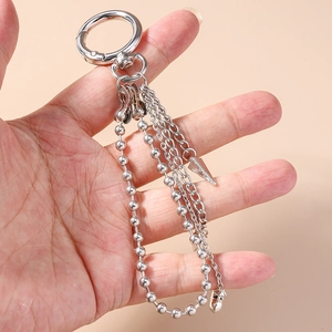 Silver multi-chain heart key ring with punk beaded chains and triangle pendant