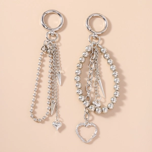 Punk Silver Heart Beaded Keychain Y2K Cool Alloy Resin Bag Pendant For Women Men Metal Key Ring Decorative Accessory