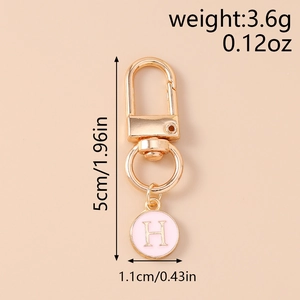 Detailed dimensions of letter H keychain with pink enamel pendant and gold clasp
