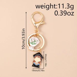 Detail of graduation keychain with weight specs and dimensions for tulip and cap charms