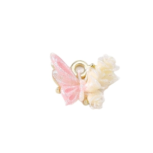 Pink glitter butterfly wing and cream rose flower pendant with golden ring for DIY jewelry
