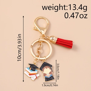 Detailed size specifications for graduation keychain with red tassel and cartoon pendant