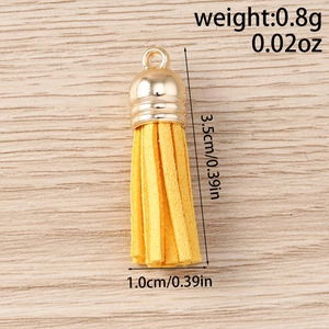 Detail view of 3.5cm yellow faux leather tassel charm with gold metal cap and dimensions