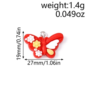 Detailed view of red butterfly resin charm showing size 27mm x 19mm for jewelry making