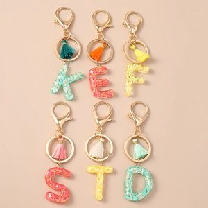 Fashion Resin Alphabet Keychain With Tassel Colorful Sequin Initial Keyring Gold Lobster Clasp For Women Bag Charm Jewelry