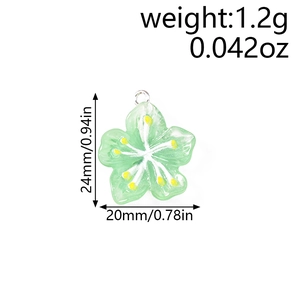 Detail view of a 24mm light green floral charm showing 1.2g weight and metal loop ring