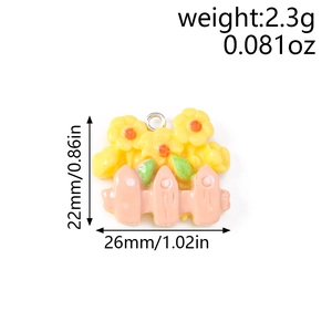 Detail view of flower and fence pendant charm with dimensions 22mm by 26mm for DIY jewelry