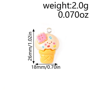 Detailed view of pink and yellow resin ice cream pendant with weight and size markers